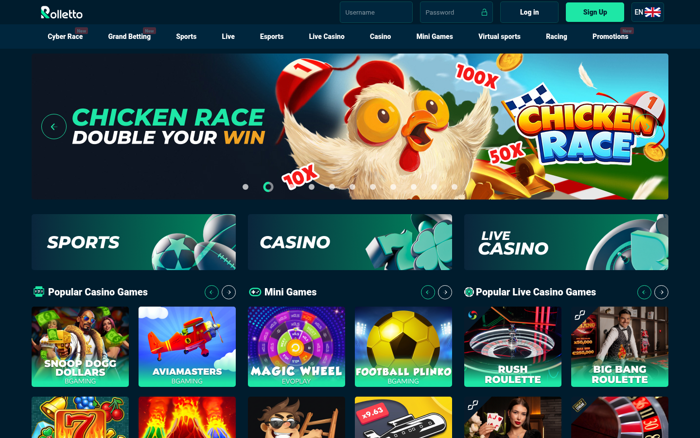 Rolletto casino lobby screenshot